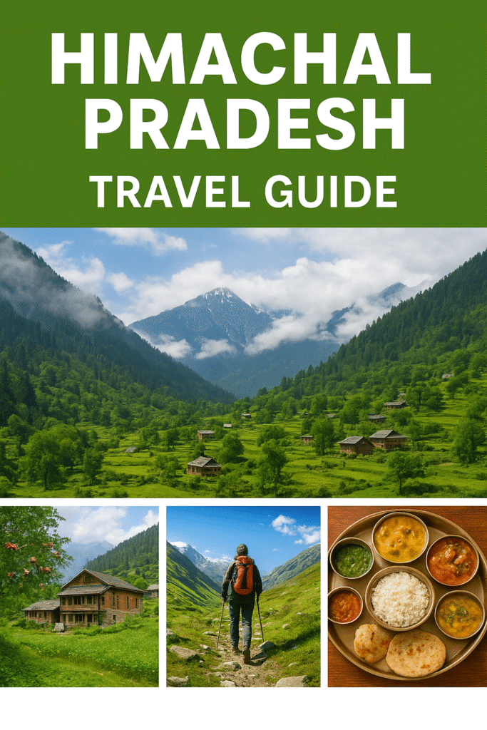 Himachal Pradesh travel guide showcasing green valleys, mountain villages, trekking, and Himachali food